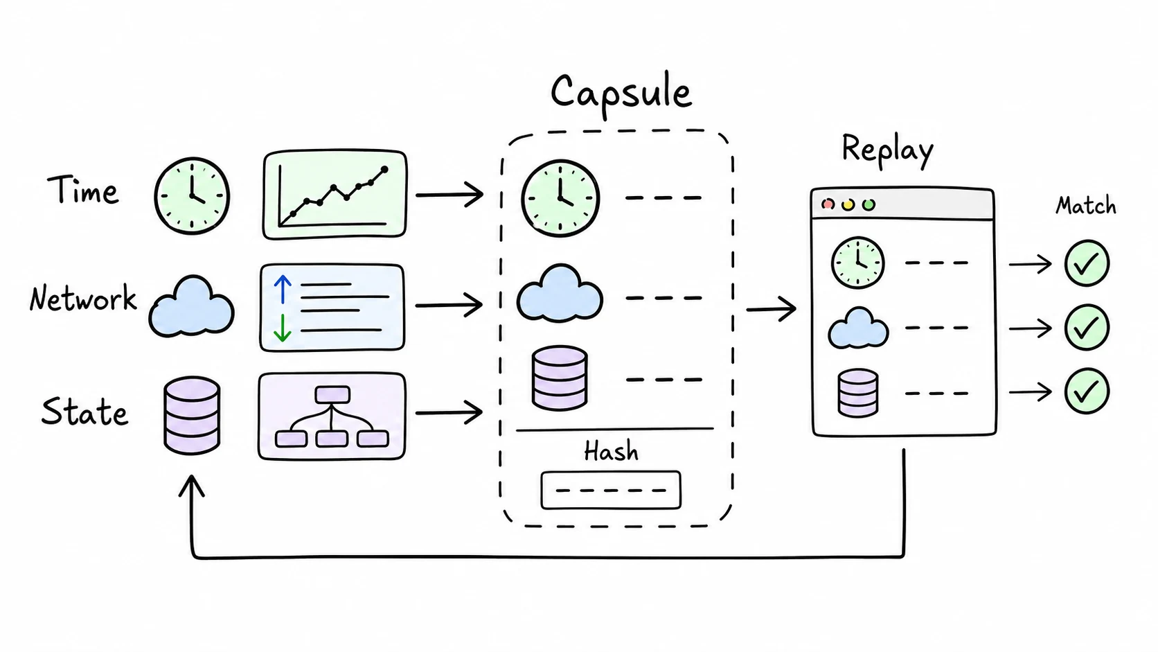 Hand-drawn DBAR diagram showing time, network, and state captured into a replay capsule with hashes.