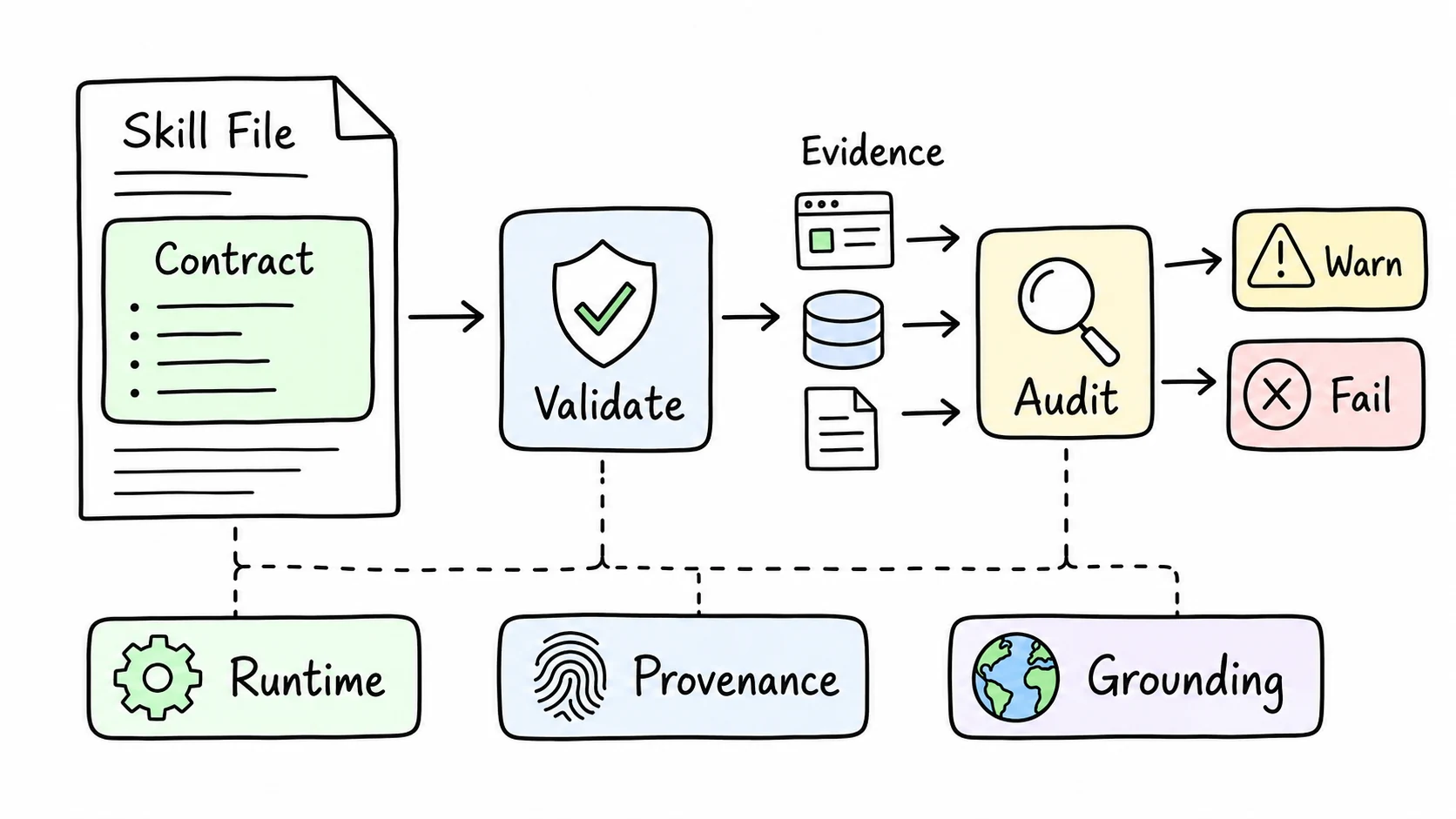Hand-drawn skill contract flow showing a skill file contract, static validation, runtime evidence, and audit results.