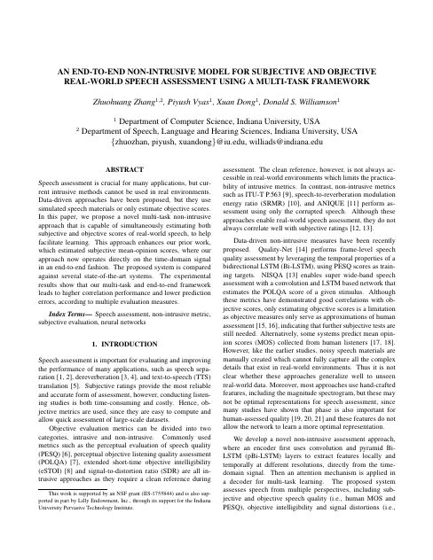 First page of An End-to-End Non-Intrusive Model for Subjective and Objective Real-World Speech Assessment Using a Multi-Task Framework