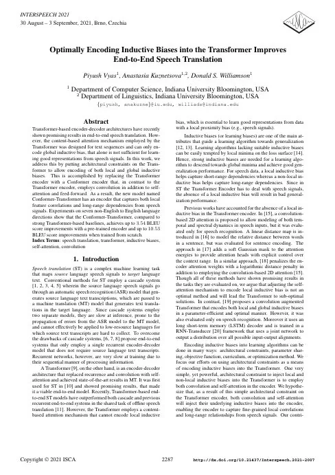 First page of Optimally Encoding Inductive Biases into the Transformer Improves End-to-End Speech Translation