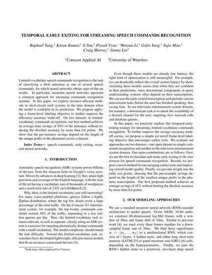 First page of Temporal Early Exiting for Streaming Speech Commands Recognition